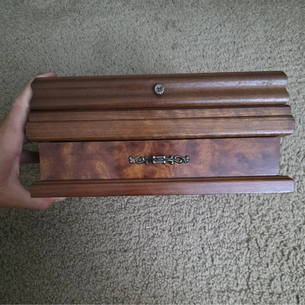 Pristine Vintage 1980s Burl Wood Jewelry Box Large Keepsake Chest Drawer Mint